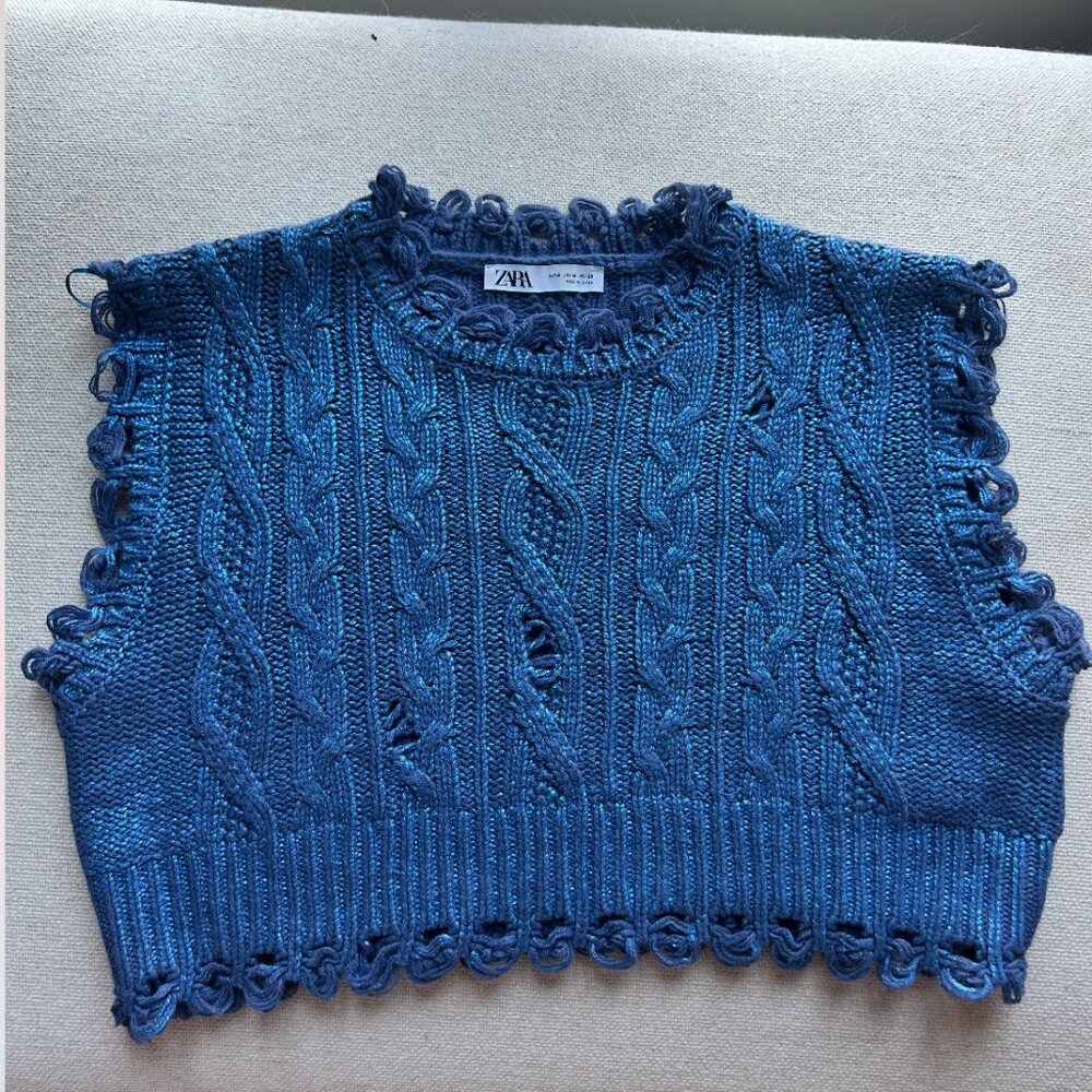 NWOT Zara Metallic Foil Crop Sleeveless Sweater Medium Blue Knit Vest